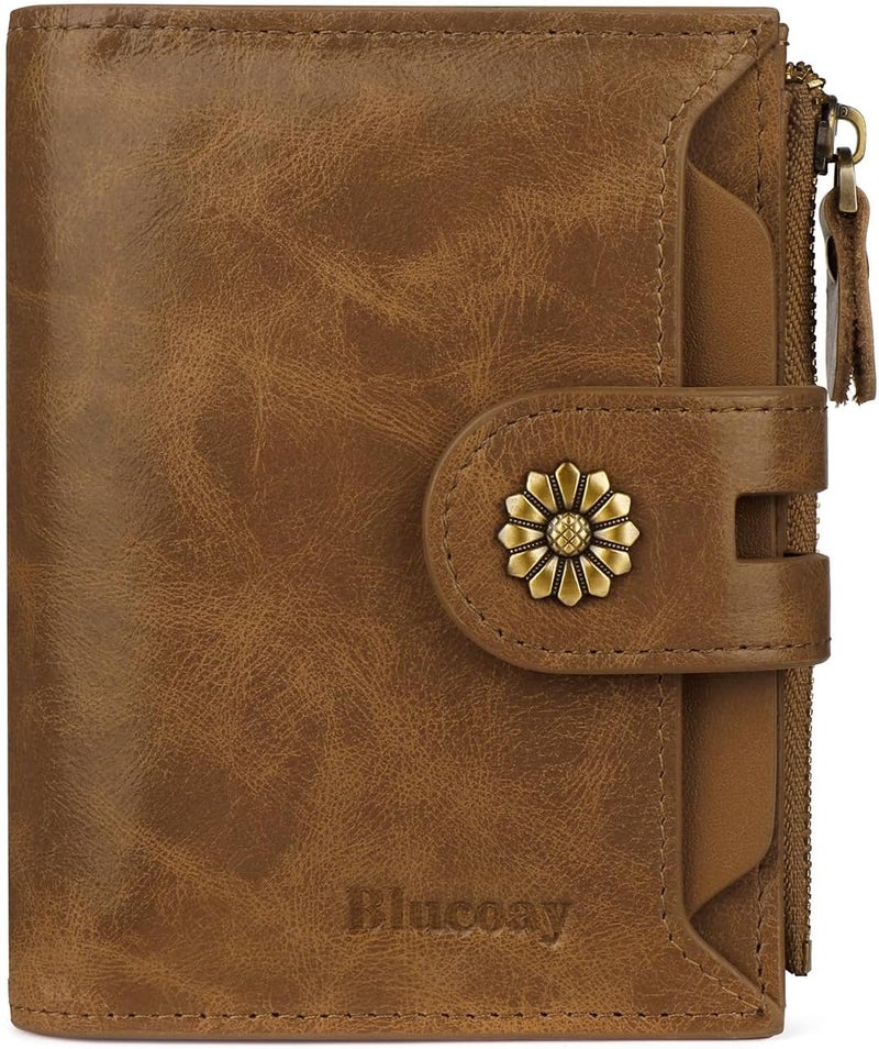Blucoay Wallet Women,RFID Blocking Womens Wallet,Leather Bifold Compact Small Wallet for Women Card Holder with Zip Coin Pocket(apricotbrown) - Image 1